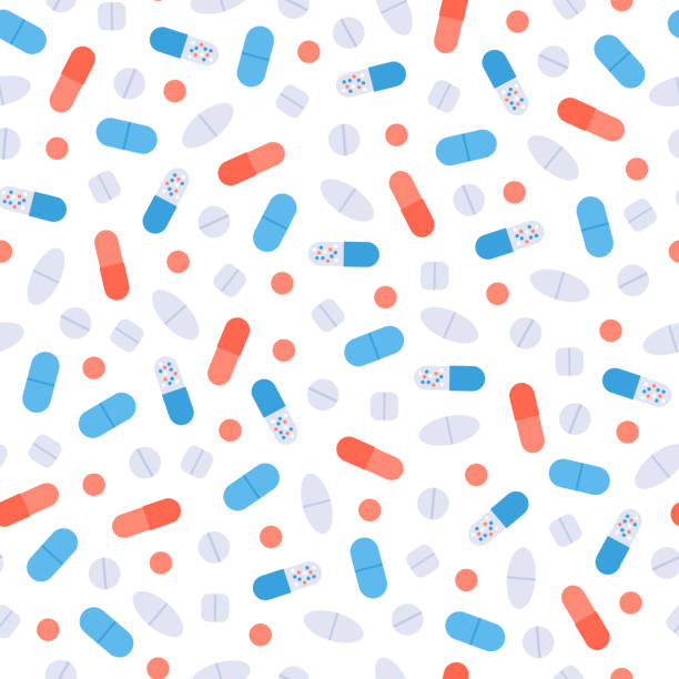 vektor flache farbe pille nahtlose muster. bunte rote, blaue, gelbe, weiße pillen isoliert auf weißem hintergrund. design fliesenelement für pharma-web, banner, poster, präsentation, textil, ui. - capsule vitamin pill white background healthcare and medicine stock-grafiken, -clipart, -cartoons und -symbole