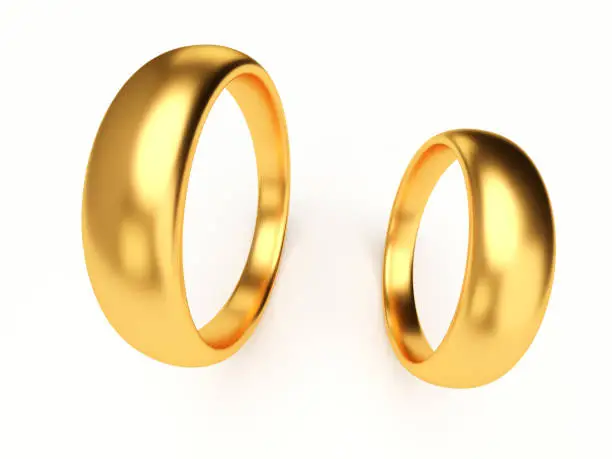 Two golden wedding rings. One big, the other small. Wide angle illustration. 3d rendering