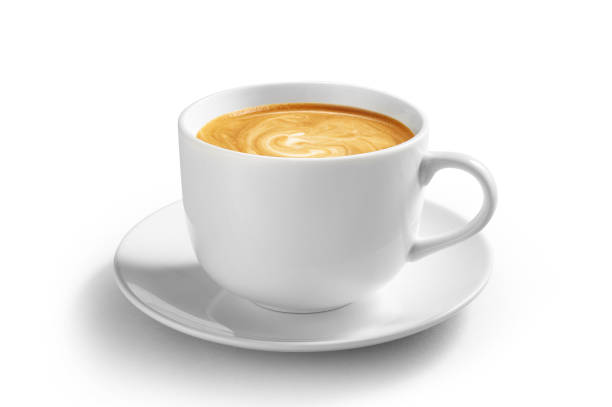 taza de café con café latte aislado sobre fondo blanco con trazado de recorte - coffee cappuccino latté cup fotografías e imágenes de stock