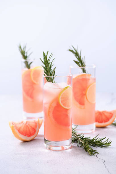 Fresh lime and rosemary in combination with fresh grapefruit juice and tequila. This cocktail is full of vibrant citrus flavors and aromatic herbs, showcasing the best of winter seasonal fruits. stock photo