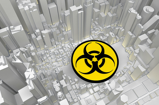 biohazard symbol in abstract city. 3d rendering