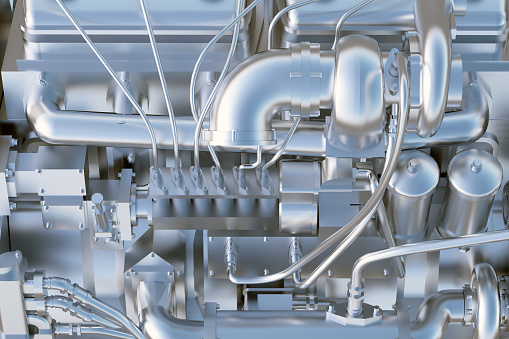 silver engine vehicle closeup. 3d rendering