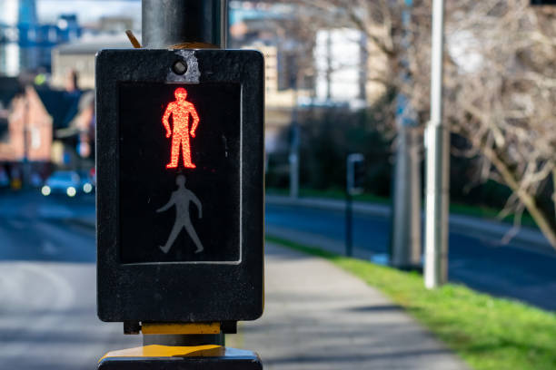 istock Red stop and wait sign at a Pelican crossing 1211531126