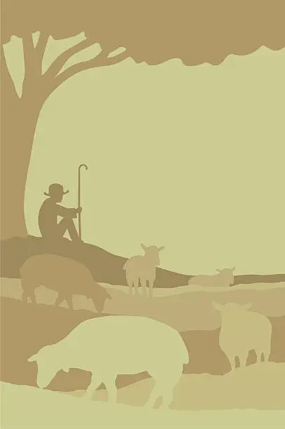 Vector illustration of Shepherd with flock of sheep