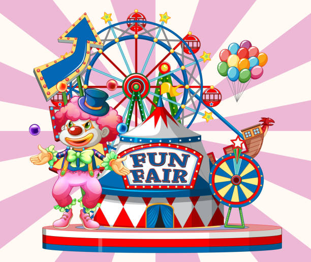 istock Fun fair sign with happy clown and many rides in background 1211532932