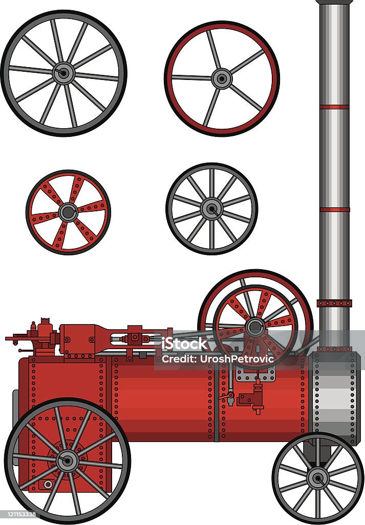 Vecchia locomotiva a vapore treno motore con ruote - arte vettoriale royalty-free di Locomotiva
