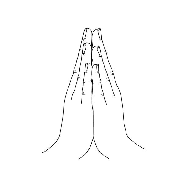 Mudra. Hand greeting posture of namaste linear illustration. Mudra. Hand greeting posture of namaste linear illustration. Thin line namaste EPS 10 vector illustration isolated on white background. anjali mudra stock illustrations