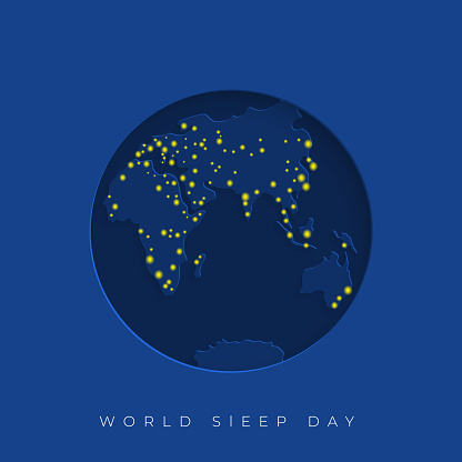 Vector illustration background for World Sleep Day. Vector blue banner World Sleep Day with a night map of the world.