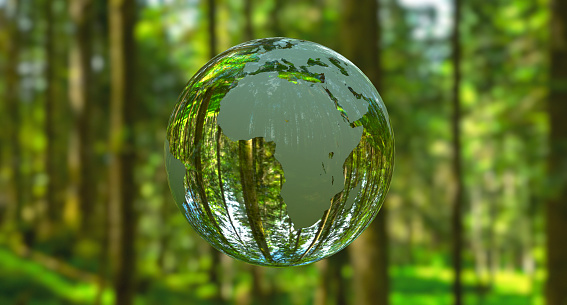 3D illustration - Planet Earth shaped like a crystal ball in a green forest.