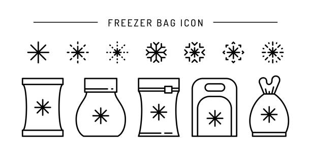 Set vector frozen food bag icon outline Set vector frozen food bag icon outline. Simbol linear illustration of packaging for frozen and vacuumed food. Containers and bags for food semi-finished products frozen. ice icons stock illustrations