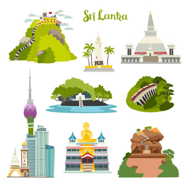 Sri Lanka island vector illustration collection Sri Lanka island vector illustration collection.Ceylon architecture.Colombo skyline,Sigiria and Nine arches bridge. Buddhist stupa temple.Galle lighthouse Adam's Big Peak.Cartoon set isolated on white sri lanka skyline stock illustrations