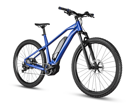 istock blue modern mid drive motor e bike pedelec with electric engine middle mount. battery powered ebike isolated white background. Innovation transportation concept. 1211537276