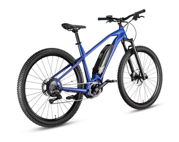 istock blue modern mid drive motor e bike pedelec with electric engine middle mount. battery powered ebike isolated white background. Innovation transportation concept. 1211537361