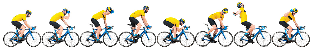professional bicycle road racing cyclist racer set collection in yellow jersey on light weight blue carbon race cycle in various poses position and gestures isolated on wide white panorama background