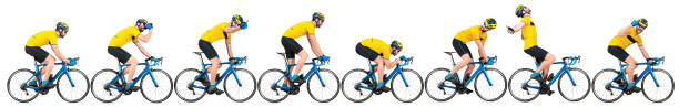 professional bicycle road racing cyclist racer set collection in yellow jersey on light weight blue carbon race cycle in various poses position and gestures isolated  wide white panorama background - cycling vest imagens e fotografias de stock