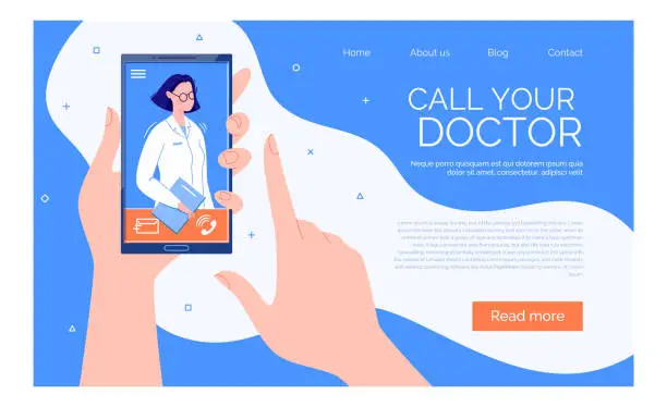 Vector illustration of Phone Video Call to the Doctor Through the Application on the Smartphone Online Medical Advice Concept