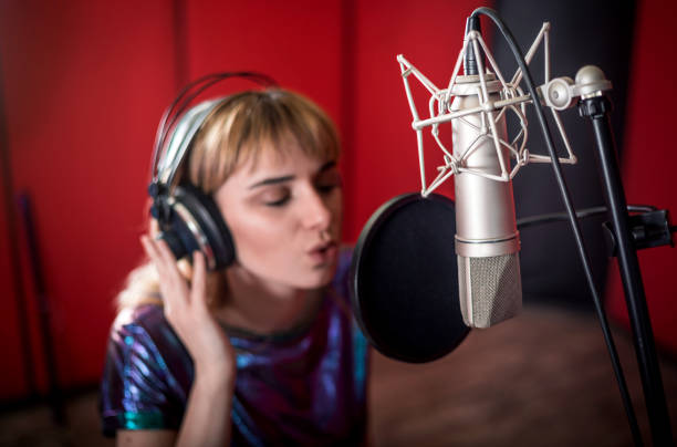 Vintage microphone in recording studio.