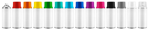 Row of paint spray bottles with white blank copy space label and multi rainbow black grey and clear colored caps. Coating can set collection isolated white background