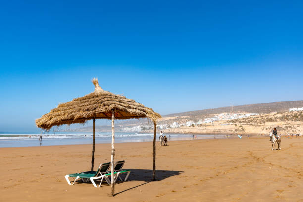 Atlantic Ocean beach at Taghazout, a tourist area in Morocco that is receiving considerable investment in new hotels, apartments etc. This shows sunshades and sun loungers on the beach near the town. In the background are local berber tribesmen selling pony rides on the beach.