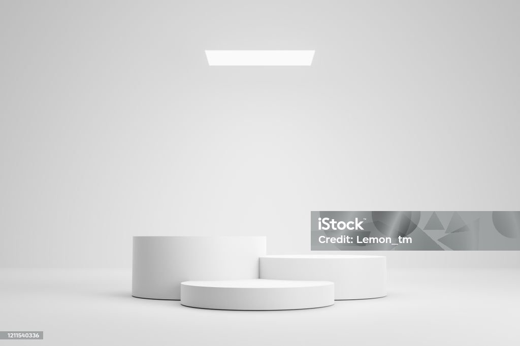 Empty podium or pedestal display on white room and light background with futuristic stand concept. Blank product shelf standing backdrop. 3D rendering. Backgrounds Stock Photo