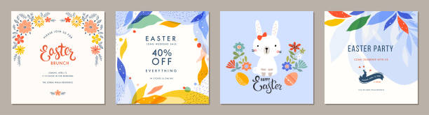 illustrations, cliparts, dessins animés et icônes de universal social media easter templates_01 - rabbit easter flower frame