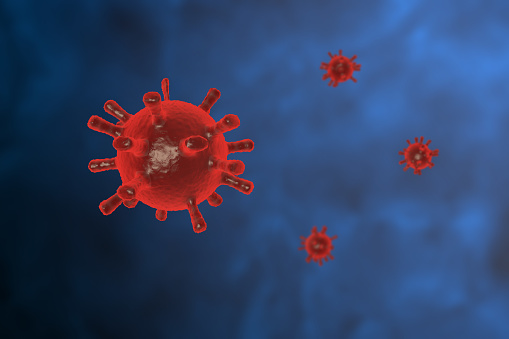 Representación 3D de un virus rojo sobre un fondo azul - Concepto Covid-19 Coronavirus photo