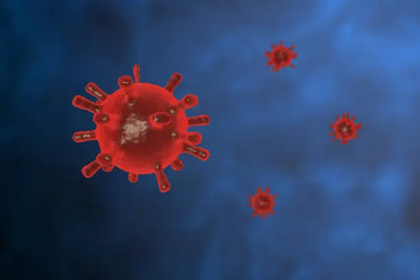 Photo of 3D render of a red virus against a blue background - Covid-19 Coronavirus concept