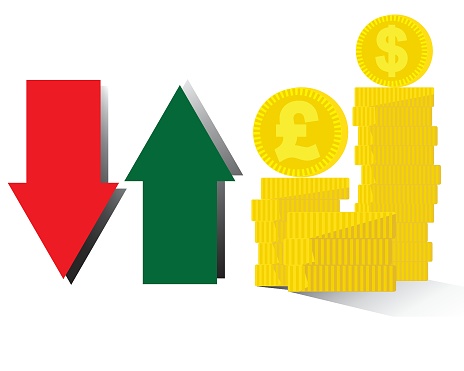 golden money ups and downs vector graphic table, red and green arrow sign