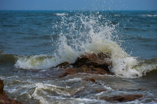 lo spruzzo di un'onda di mare su una roccia - flowing nature spray rock foto e immagini stock