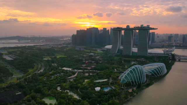 Aerial Drone View of Singapore Skyline in Sunset Scene