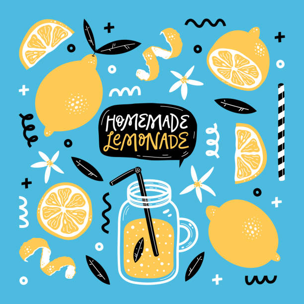 ilustrações de stock, clip art, desenhos animados e ícones de hand drawn summer set with lemon, lemon slice, jar with lemonade, leaves, flowers and handwritten lettering. vector illustration. - food and drink fruit cartoon illustration and painting