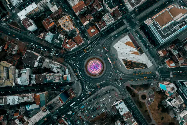 Drone view directly above the Slavia Roundabout and the surrounding streets, Belgrade.
