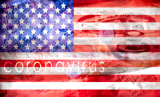 coronavirus conceptual image with the a composite image that want to show the coronavirus spread in america,  and its economic consequences for american economy, graphic image.