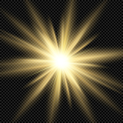 Realistic gold sun rays. Shine light effect