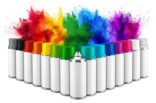 row of many spray can in colorful color in front of ainbow holi paint color powder explosion isolated on white background. Industry diy paintjob graffiti concept.