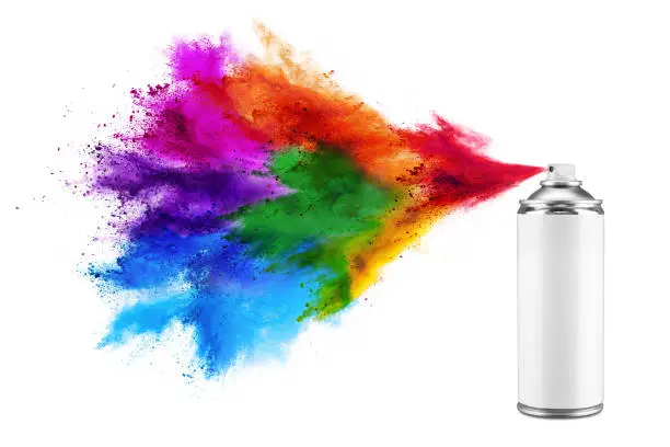 spray can spraying colorful rainbow holi paint color powder explosion isolated on white background. Industry diy paintjob graffiti concept.