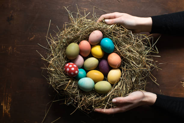 istock The symbol of Easter. A woman holds a nest with colored Easter eggs 1211546909