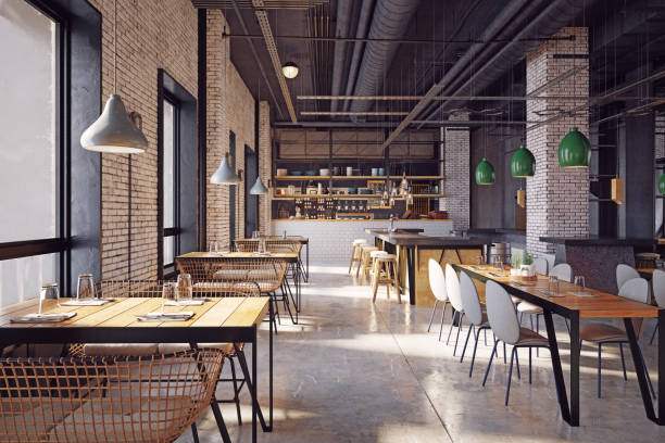 modern restaurant interior design modern restaurant interior design concept. 3d rendering cafe interior stock pictures, royalty-free photos & images