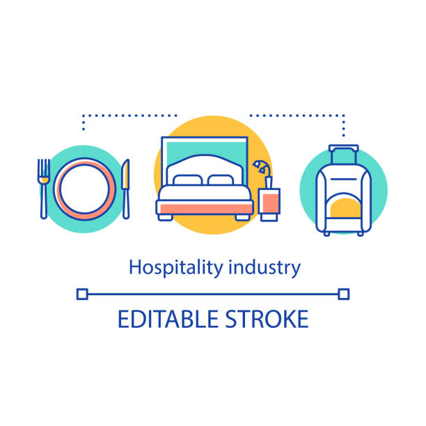 ilustrações de stock, clip art, desenhos animados e ícones de hospitality industry concept icon. lodging, food and drink service. tourism and travel. hotel accommodation with meals idea thin line illustration. vector isolated outline drawing. editable stroke - lodging