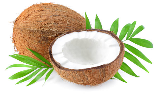 istock half coconut with green leaves isolated on white background 1211548754