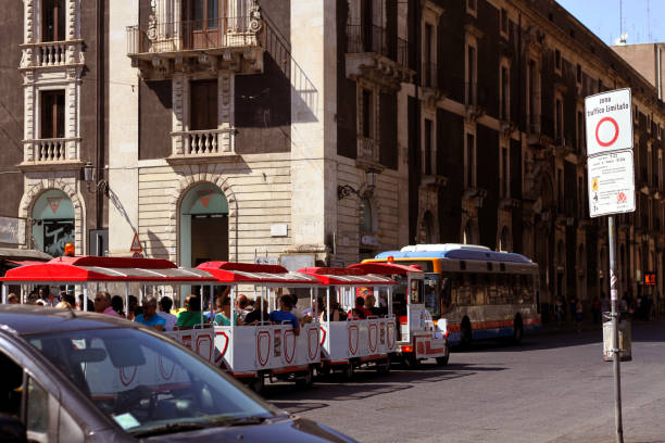 catania, sicily, italy- september 1,2014: tourist travel train moving from center of catania - 12014 imagens e fotografias de stock