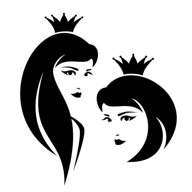ilustraciones, imágenes clip art, dibujos animados e iconos de stock de princesa de cuento de hadas con diseño vectorial negro de pelo largo - princess queen nobility glamour