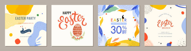 ilustrações de stock, clip art, desenhos animados e ícones de universal social media easter templates_05 - decoration eggs leaf easter