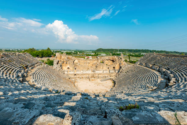 Aksu, Antalya / Turkey - August 05, 2018.  A hiker in Perge ( Perga Antik Kenti ) Ancient City and Ruins. stock photo