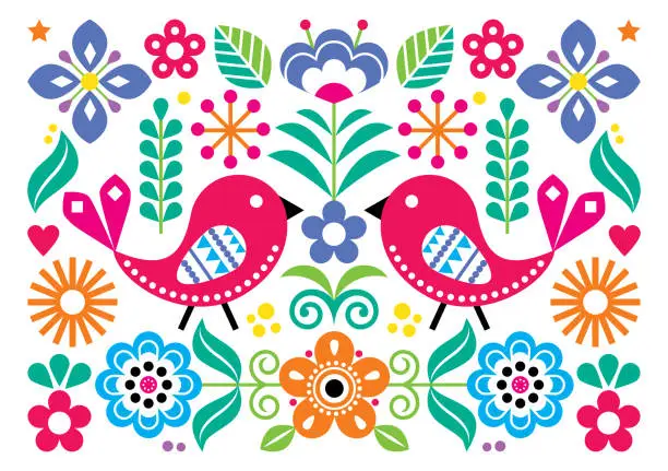 Vector illustration of Scandinavian folk art vector ccute floral pattern, greeting card or invitation A7 format design with birds, flowers inspired by traditional embroidery from Sweden, Norway and Denmark