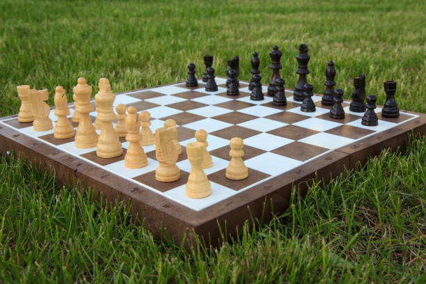 istock Chess board with chess pieces on green grass. 1211551638