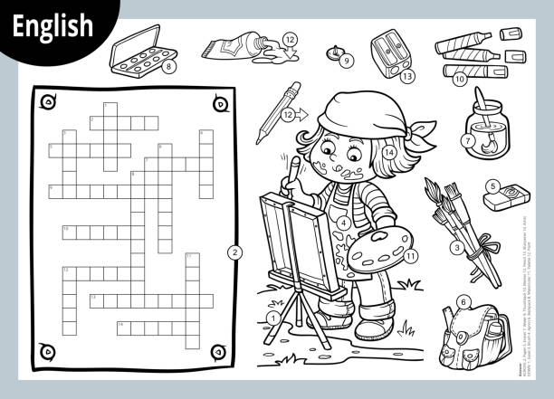 Vector crossword in English, education game for children. Cartoon artist girl and objects for drawing Vector black and white crossword in English, education game for children. Cartoon artist girl and objects for drawing crossword puzzle drawing stock illustrations