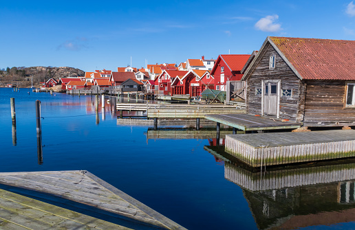 Traditional small boathouses which can be seen in every fishing village along the Swedish west coast