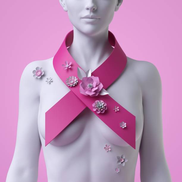 3d render einer weißen schaufensterpuppe silhouette isoliert auf rosa hintergrund, weibliche büste mit rosa band und papierblumen. brustkrebskonzept, frauengesundheit - sculpture art abstract white stock-fotos und bilder