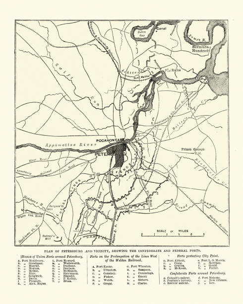 ilustrações de stock, clip art, desenhos animados e ícones de map showing the siege of petersburg, american civil war - petersburg virginia